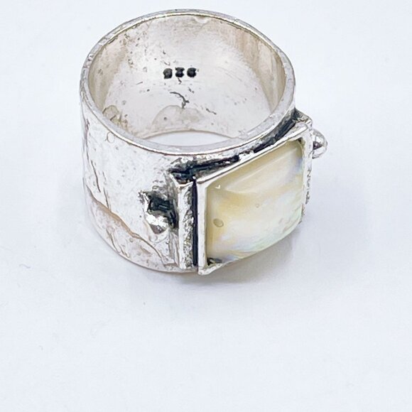 Vintage 925 Sterling Silver Ring With Iridescent Mother Of Pearl Square Gemstone - Picture 4 of 8